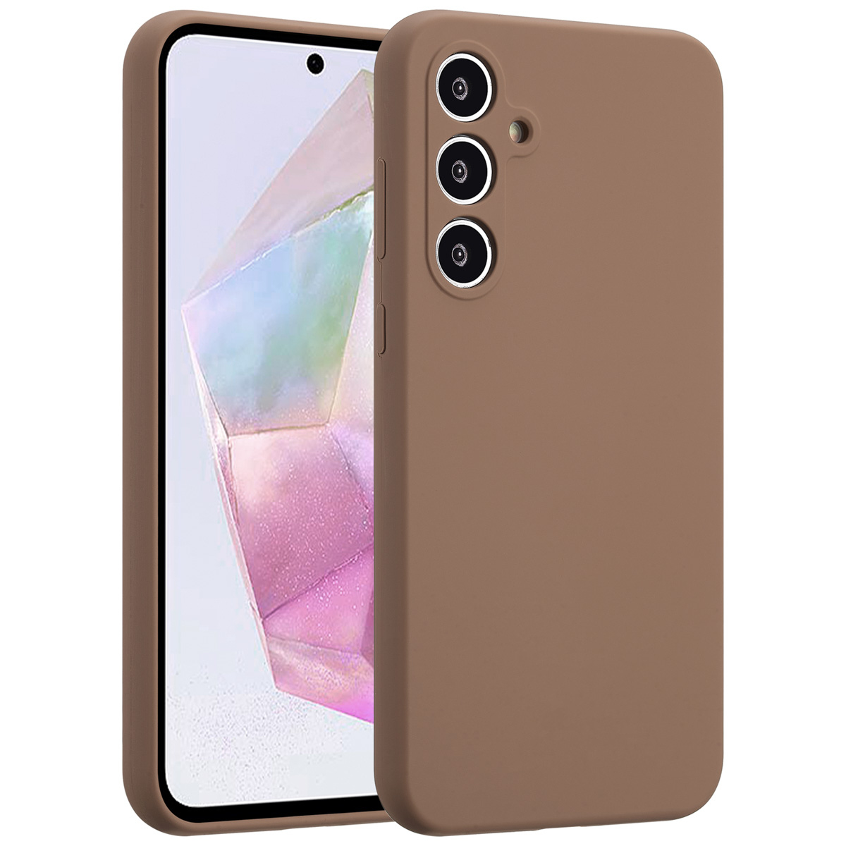Eine braune Handyhülle mit einem Handy darin. Das Handy hat einen Bildschirm mit einem bunten abstrakten Bild. Die Hülle hat drei Kameras.