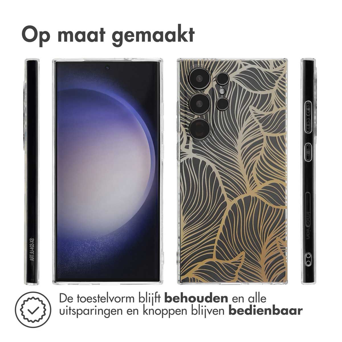 Telefoon met transparante hoes. De hoes heeft een gouden bladerpatroon. Tekst: 'Op maat gemaakt'. 'De toestelvorm blijft behouden en alle uitsparingen'.