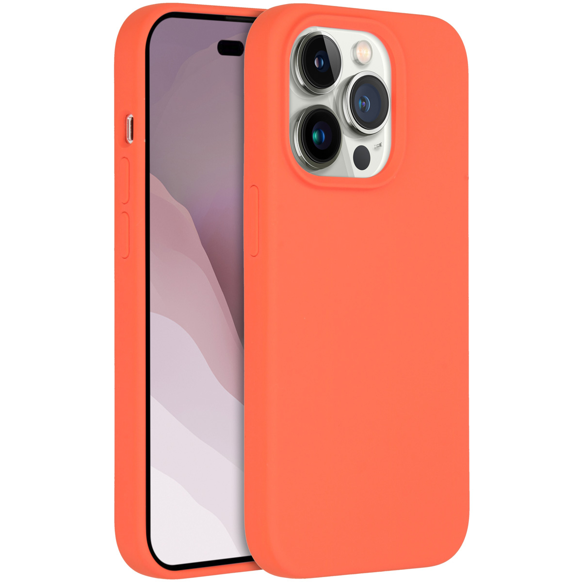 Een oranje telefoonhoesje met een telefoon erin. De telefoon heeft een zwart scherm en een camerabult.