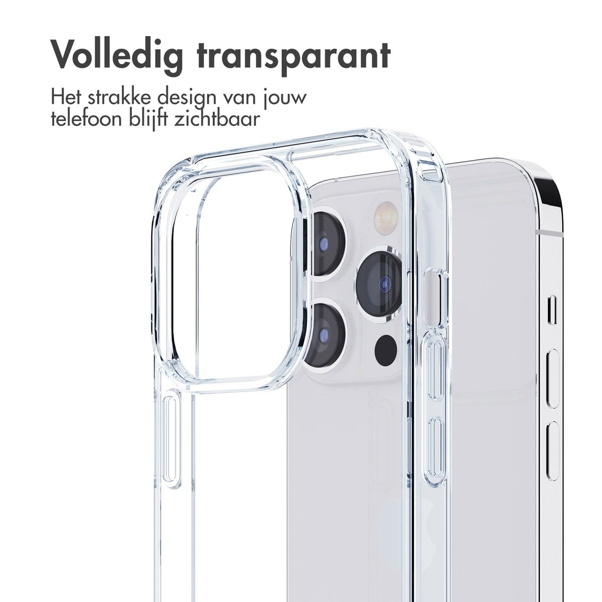 Una custodia trasparente per telefono su un telefono. Il telefono ha tre obiettivi. Testo olandese.