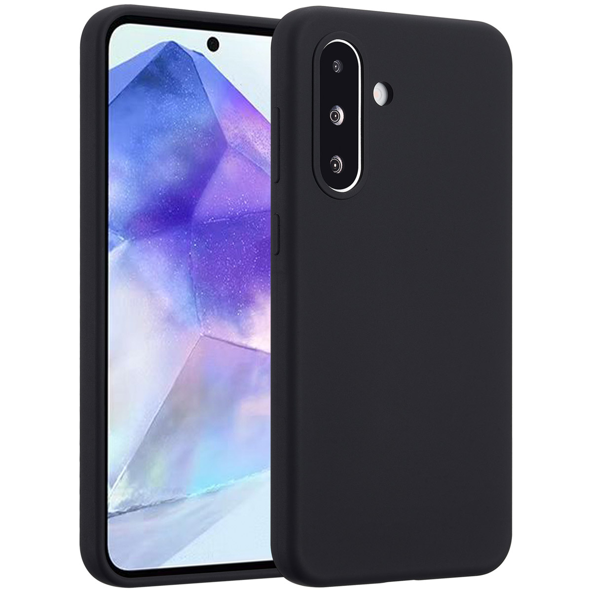 Zwarte smartphone met zwarte hoes. Display toont abstract ontwerp in paars en wit. De telefoon heeft drie camera's.