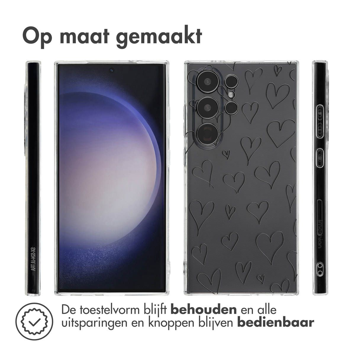 Een telefoon in een transparante hoes met een hartpatroon, vanuit verschillende hoeken getoond. Tekst: 'Op maat gemaakt' en 'De toestelvorm blijft'.