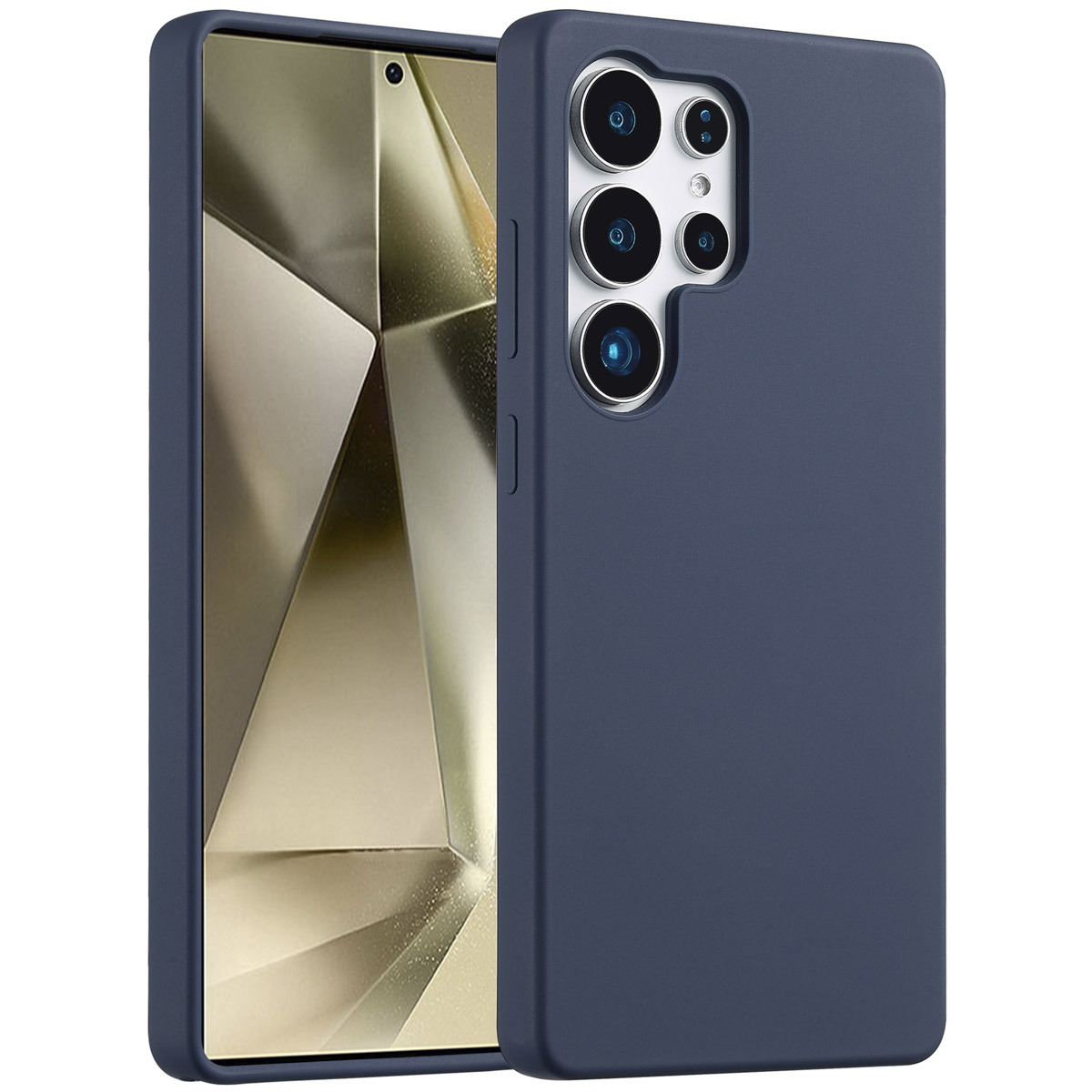 Een marineblauwe telefoonhoes ligt naast een telefoon. De telefoon heeft een gouden scherm. De hoes heeft meerdere cameralenzen.