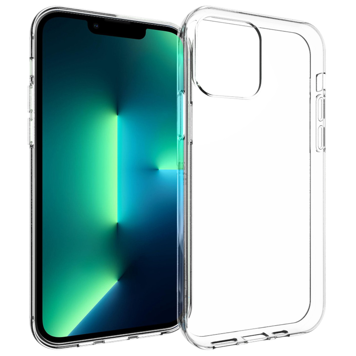 Un iPhone con display verde e blu accanto a una custodia trasparente.