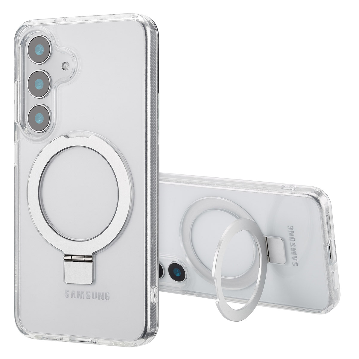Transparante telefoonhoes met zilveren ringstandaard, voorzien van een Samsung logo. Een andere hoes ligt.
