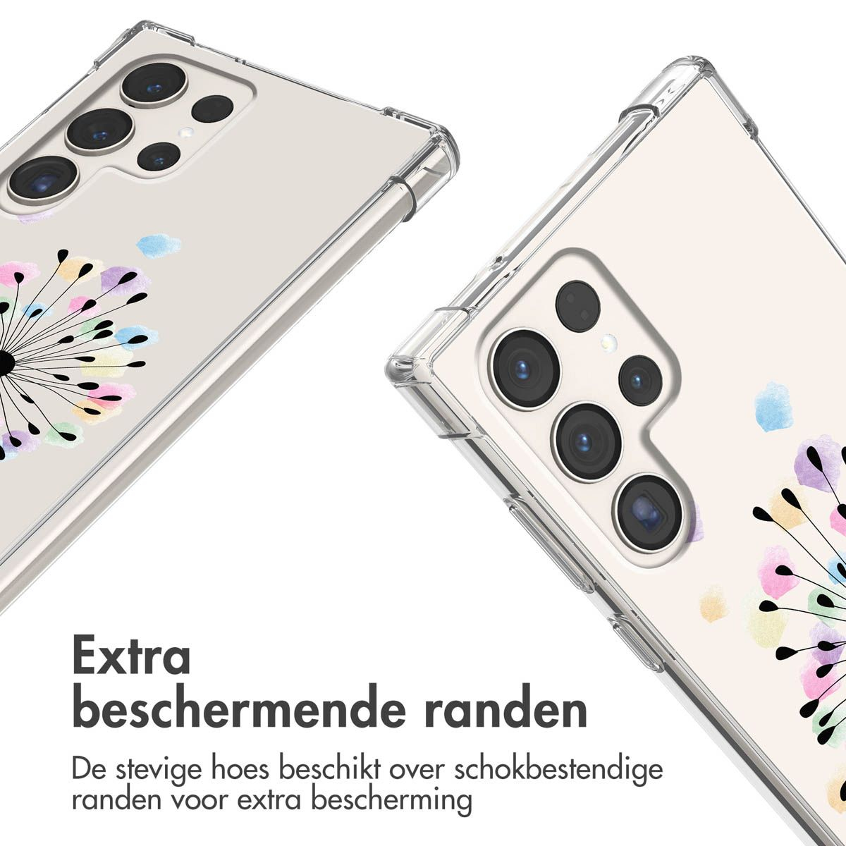 Twee transparante telefoonhoesjes met bloemmotief. Tekst: Extra beschermende randen. De hoesjes tonen de camera.