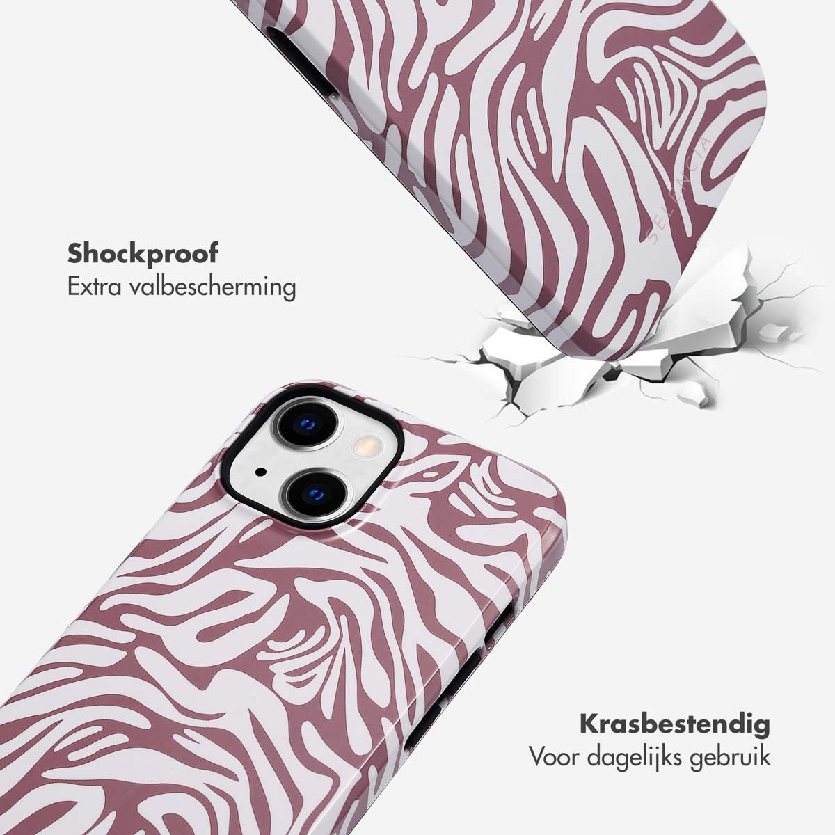 Une coque de téléphone à motif zébré tombe et fissure le sol. Le texte indique 'antichoc' et 'résistant aux rayures'.