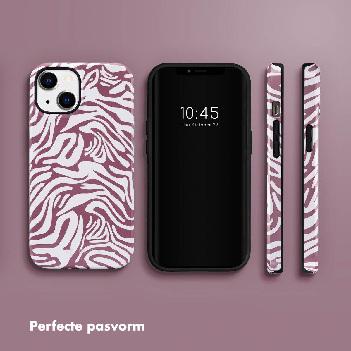 Un téléphone et trois étuis avec un motif zébré blanc et bordeaux. Le téléphone affiche l'heure. Le fond est rose.