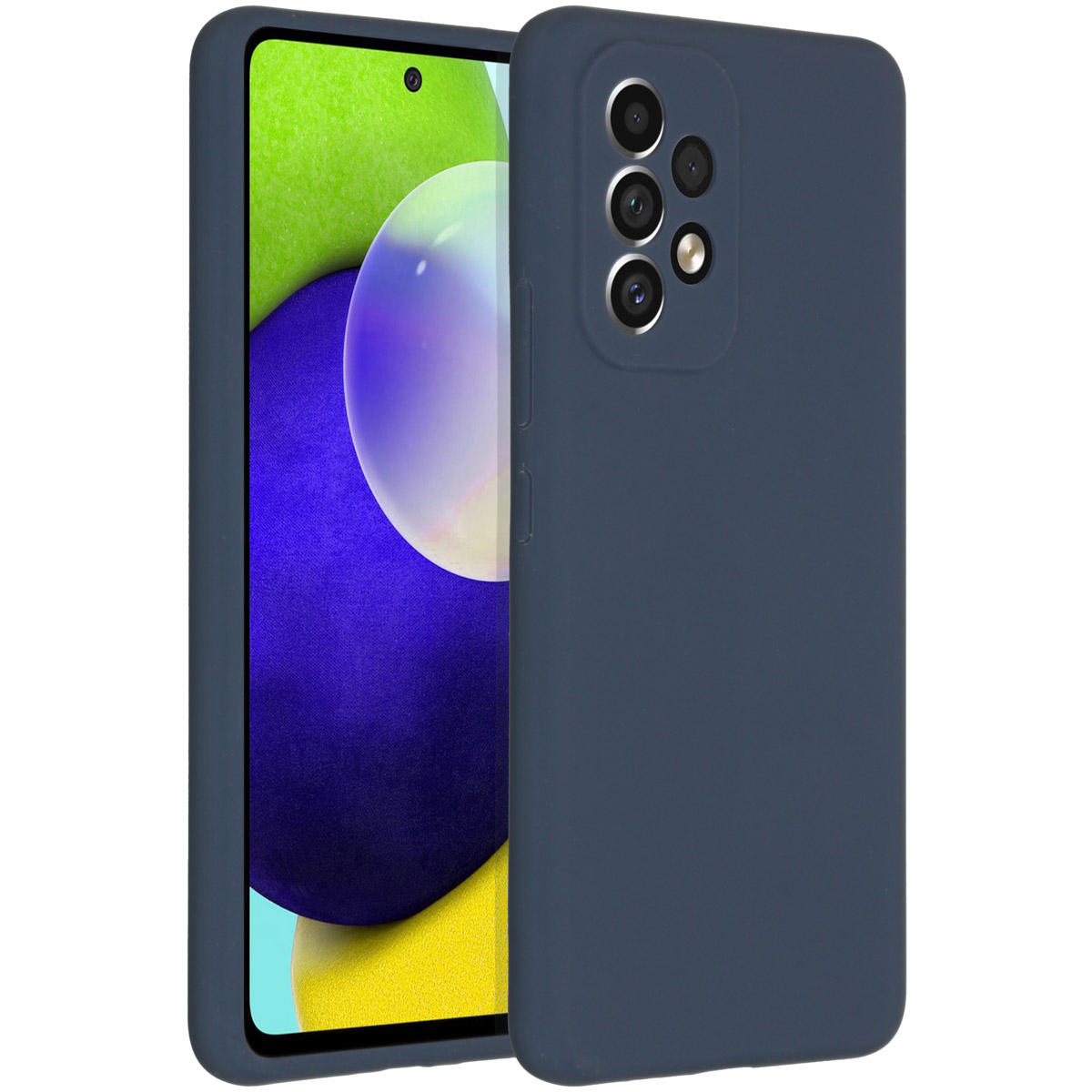 Eine dunkelblaue Handyhülle neben einem Handy. Der Bildschirm zeigt ein verschwommenes, farbenfrohes Bild. Die Hülle hat mehrere Kameras.