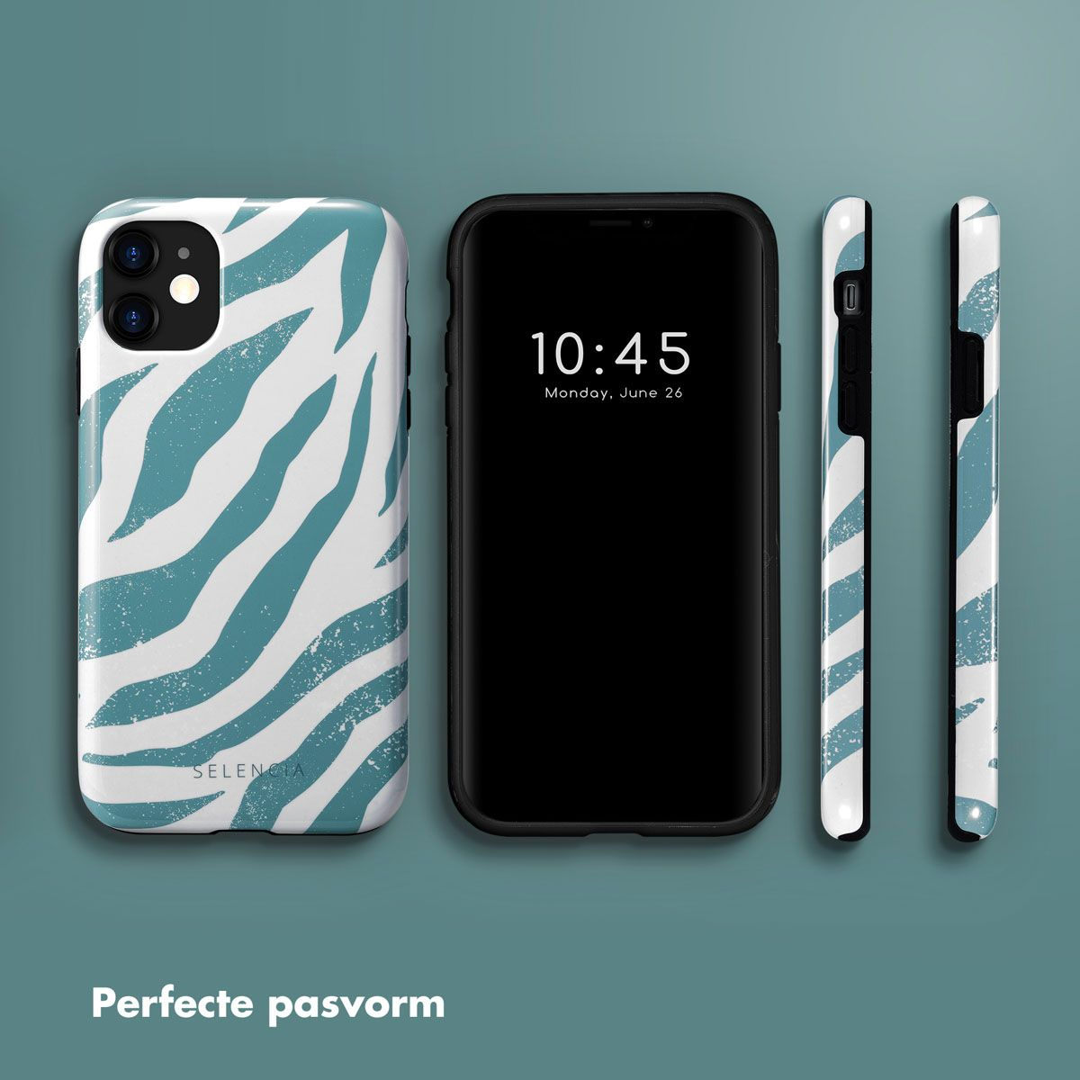 Een telefoon en hoesjes met blauw-wit zebrapatroon. Het telefoonscherm toont de tijd. Hoesjes in verschillende weergaven.
