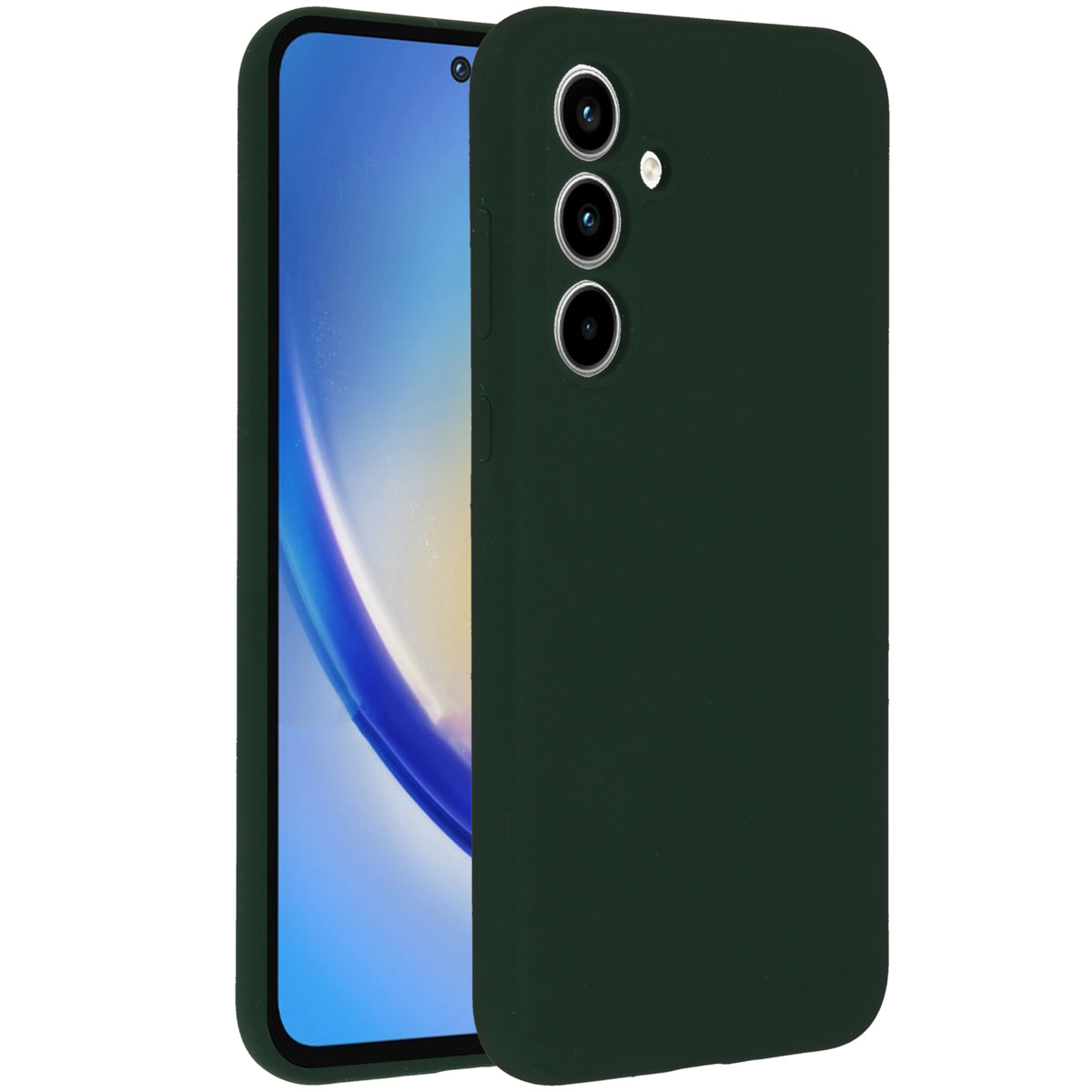 Eine dunkelgrüne Handyhülle und ein Handy. Der Telefonbildschirm zeigt ein blaues und weißes Design. Die Hülle hat drei Kameralinsen.