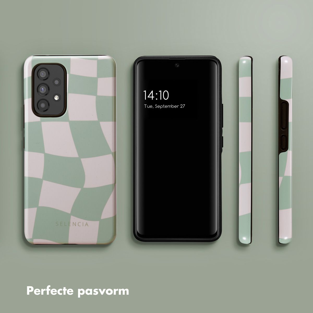 Téléphones et étuis à motif à carreaux. Un téléphone affiche l'heure 14:10 le 27 septembre. Les étuis sont menthe et blancs.