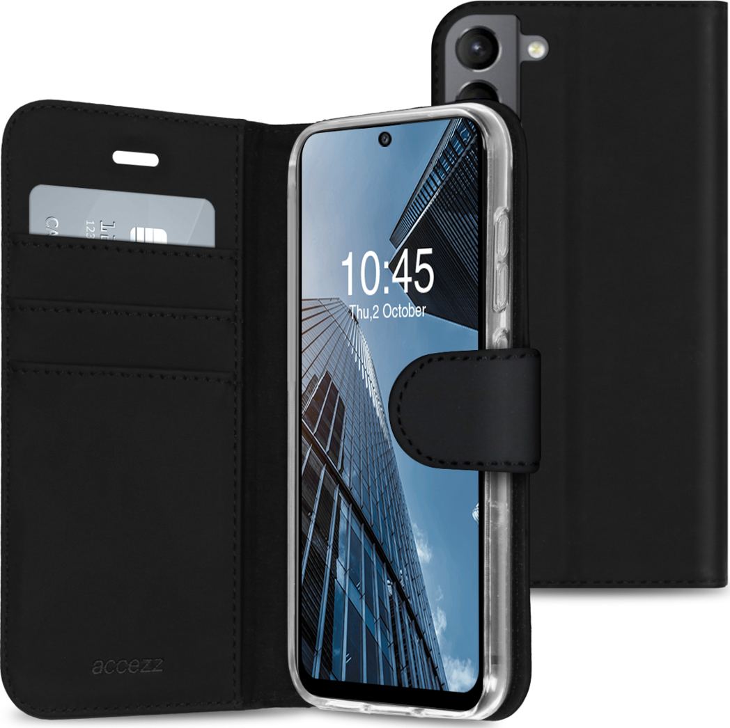 Un étui de téléphone noir avec un smartphone à l'intérieur, montrant un bâtiment. L'heure sur le téléphone est 10h45, jeudi 2 octobre.