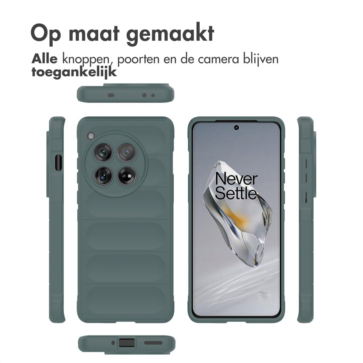 È visualizzata una custodia per telefono, che mostra viste frontali, posteriori e laterali. È di colore verde acqua scuro. Lo schermo mostra 'Never Settle'.