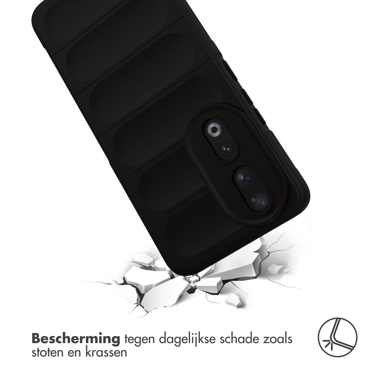 Coque de téléphone noire inclinée vers le bas, brisant une surface blanche. Le texte indique 'Protection contre les dommages quotidiens'.