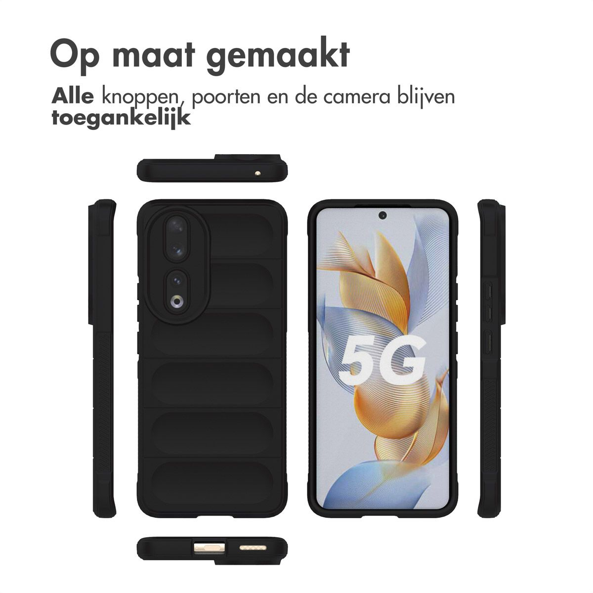 Coque de téléphone noire avec un téléphone et ses parties, texte néerlandais. Le téléphone affiche un logo 5G.