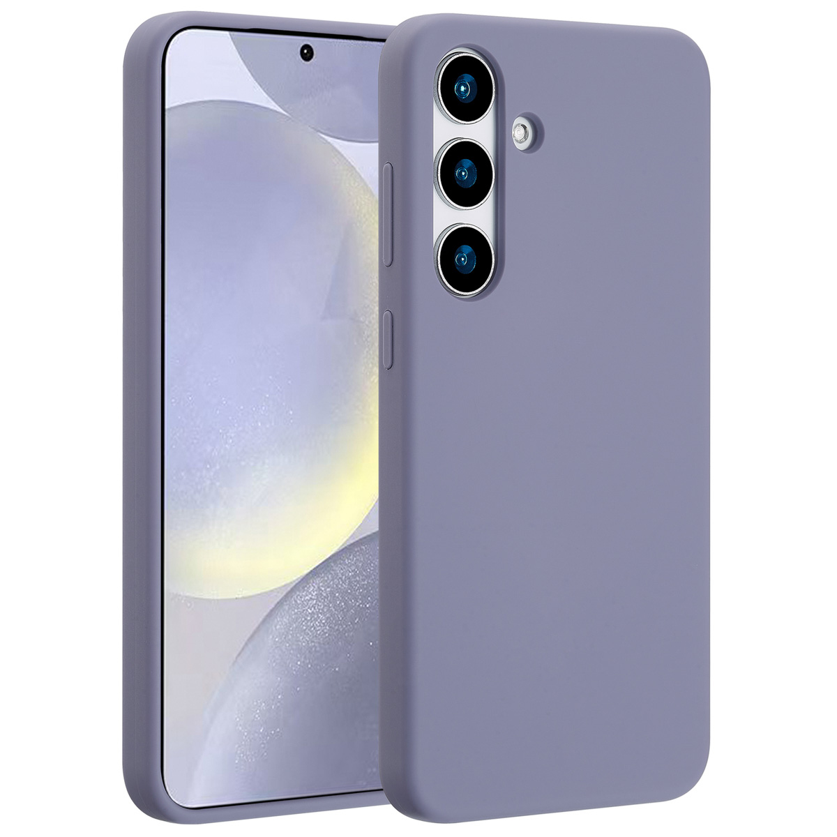 Close-up van een lavendelkleurige telefoon met hoesje. Hij heeft drie camera's aan de achterkant en een scherm.