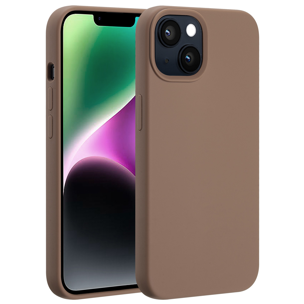 Deux smartphones dans des étuis marron. L'un affiche un fond d'écran dégradé vert et noir. L'autre montre les lentilles de la caméra.