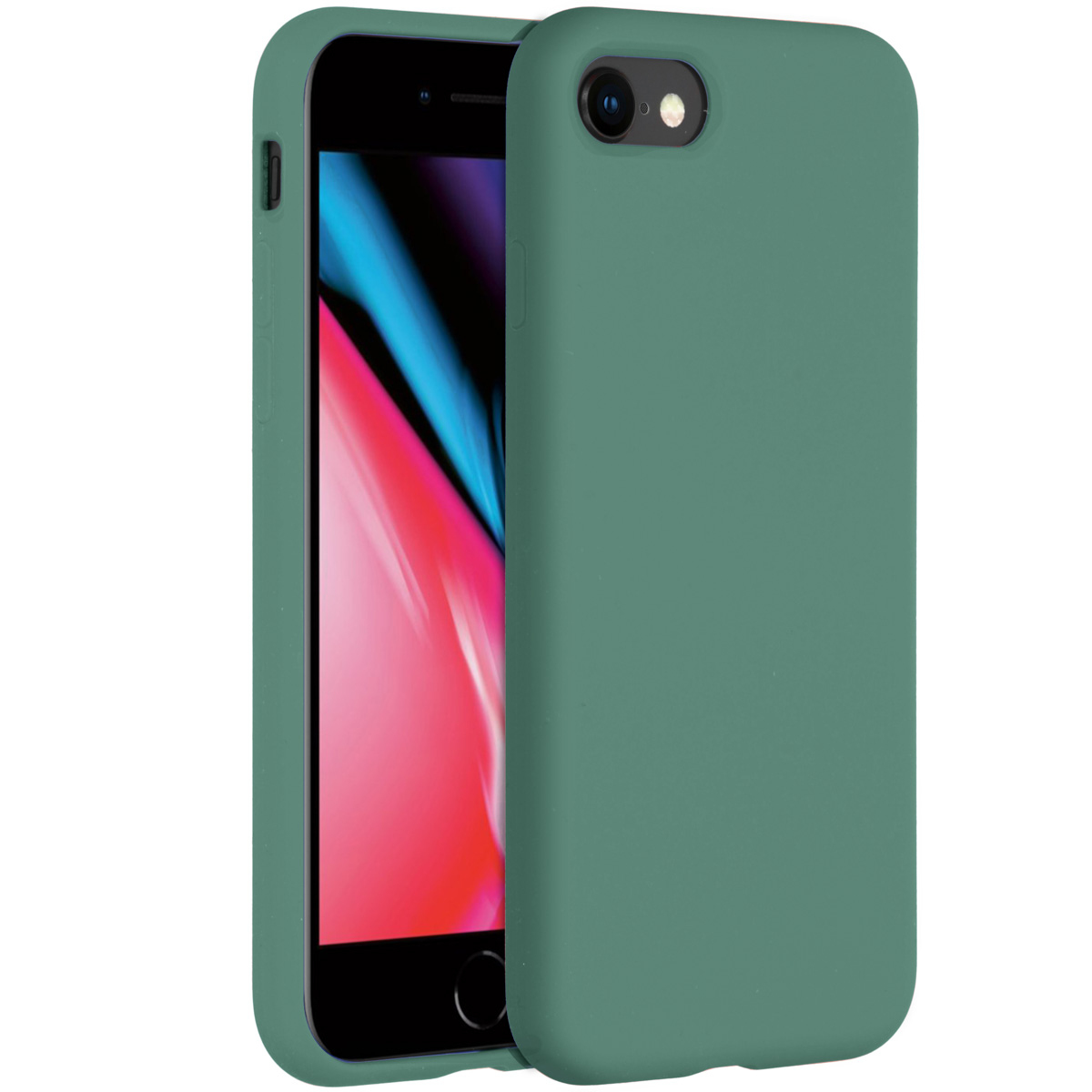 Een groene telefoonhoes bedekt gedeeltelijk een telefoon met een roze en blauw scherm. De hoes is open en toont de telefoon.