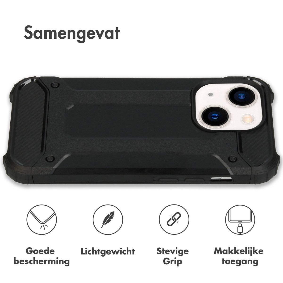Black phone case on white surface, with icons below: protection, lightweight, grip, and easy access.