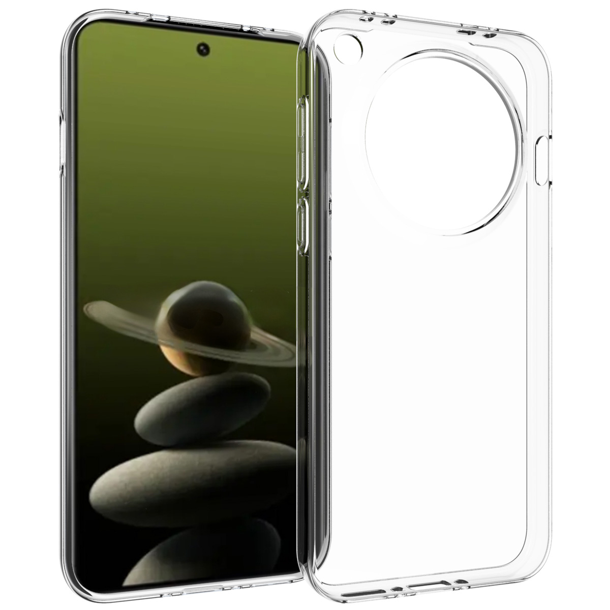 Un téléphone dans un étui transparent. L'écran affiche des pierres empilées et une planète avec des anneaux.