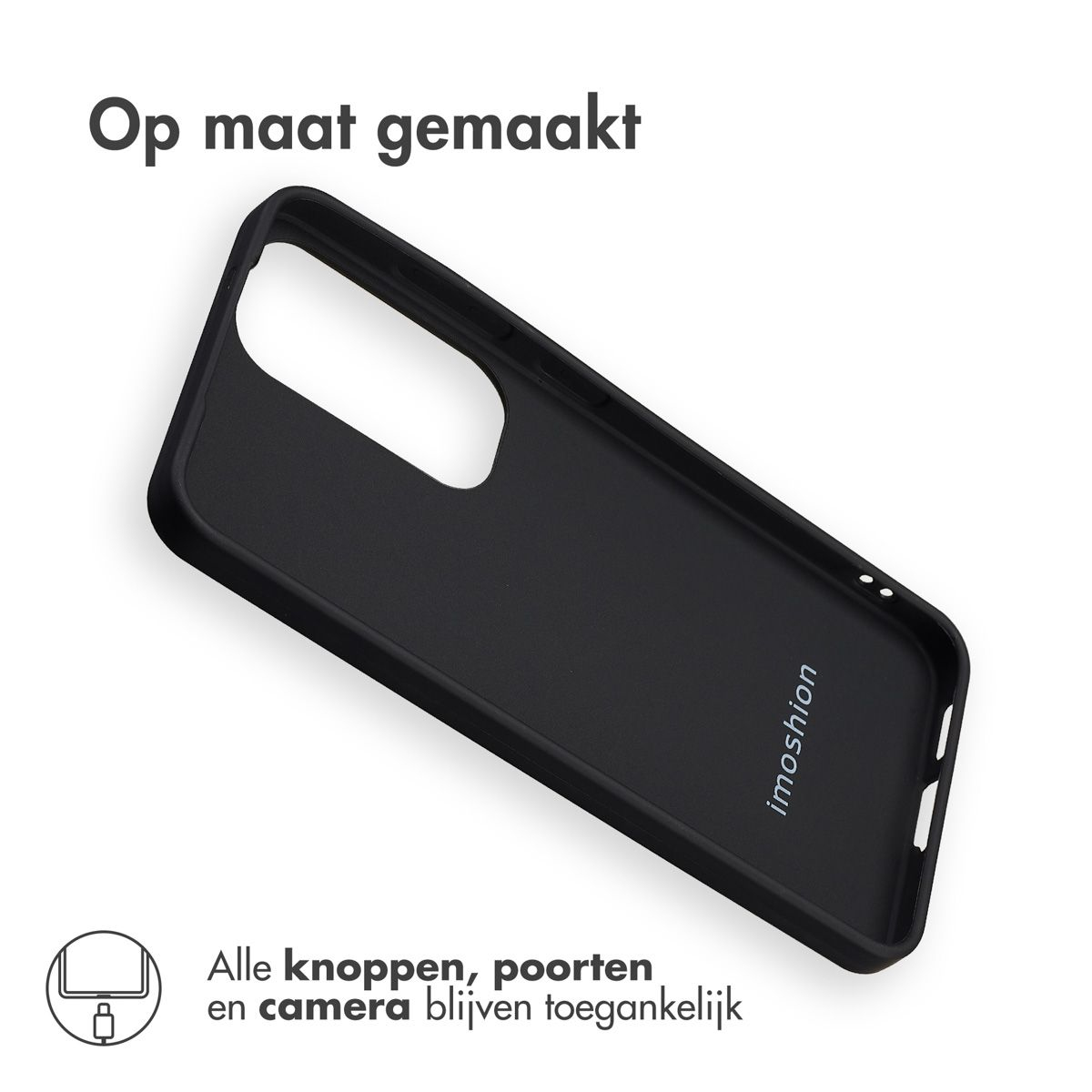 Une coque de téléphone noire avec découpes pour caméra et ports. Texte en haut : 'Op maat gemaakt'. Texte en bas : 'Alle knoppen, poorten...'