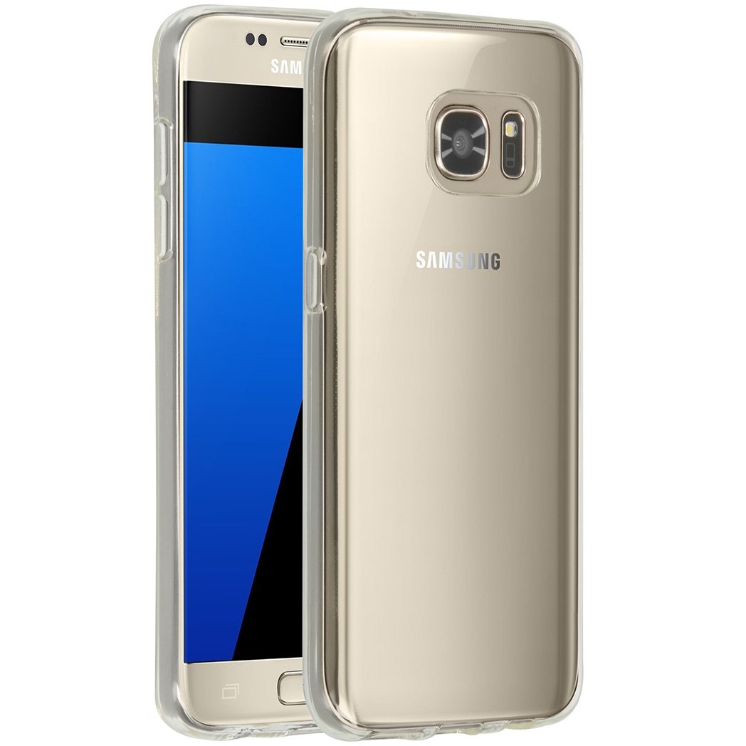 Un telefono Samsung dorato con una custodia protettiva trasparente. Lo schermo è blu e nero. Il logo Samsung è visibile.