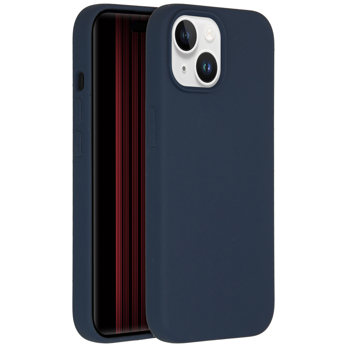 Coque de téléphone bleu marine avec un téléphone à l'intérieur. L'écran du téléphone affiche des lignes rouges. La coque a des découpes pour l'appareil photo.
