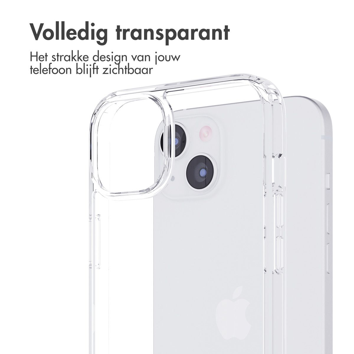 Una custodia trasparente per telefono è su un telefono bianco, che mostra la fotocamera e il logo Apple. Il testo in alto dice 'Volledig transparant'.
