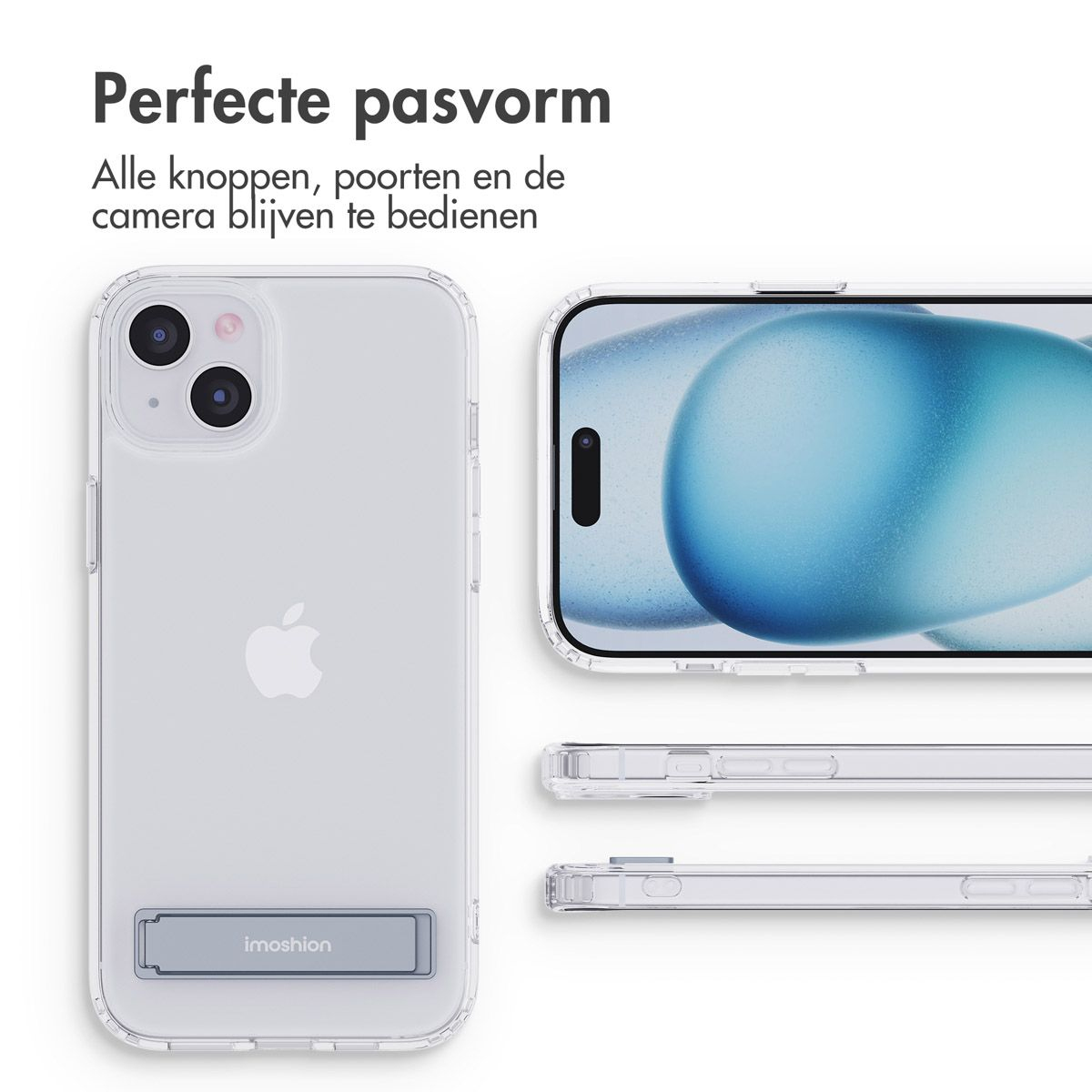Una custodia trasparente con un iPhone all'interno, che mostra il retro con il logo Apple, la fotocamera e lo schermo.