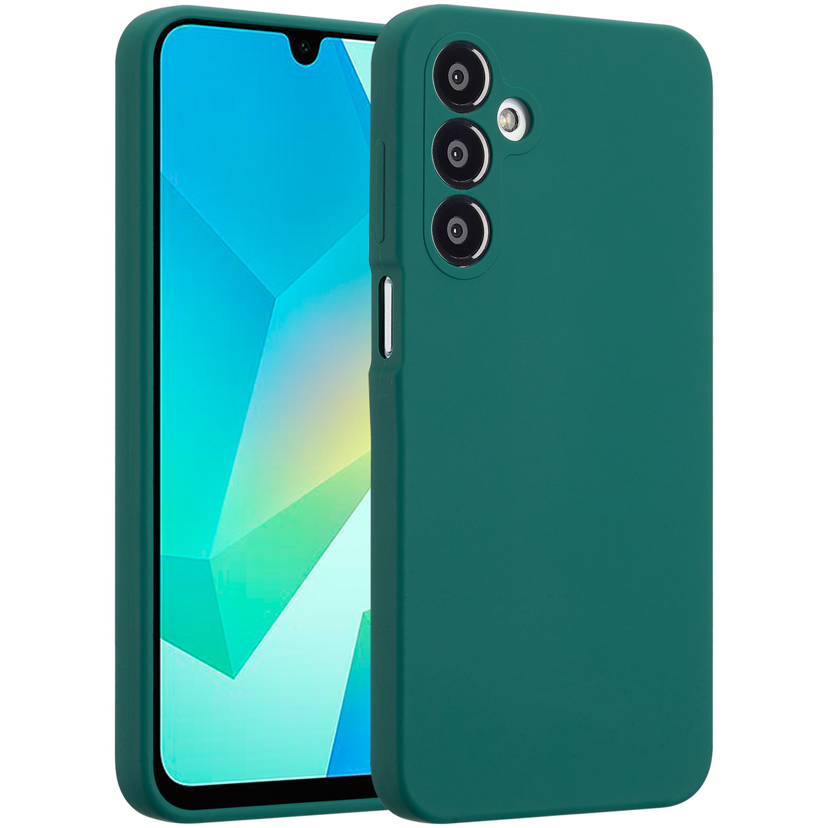 Grüne Handyhülle mit Handy. Der Bildschirm zeigt blaues und weißes Design. Hülle hat Kameralinsen und Seitentasten.