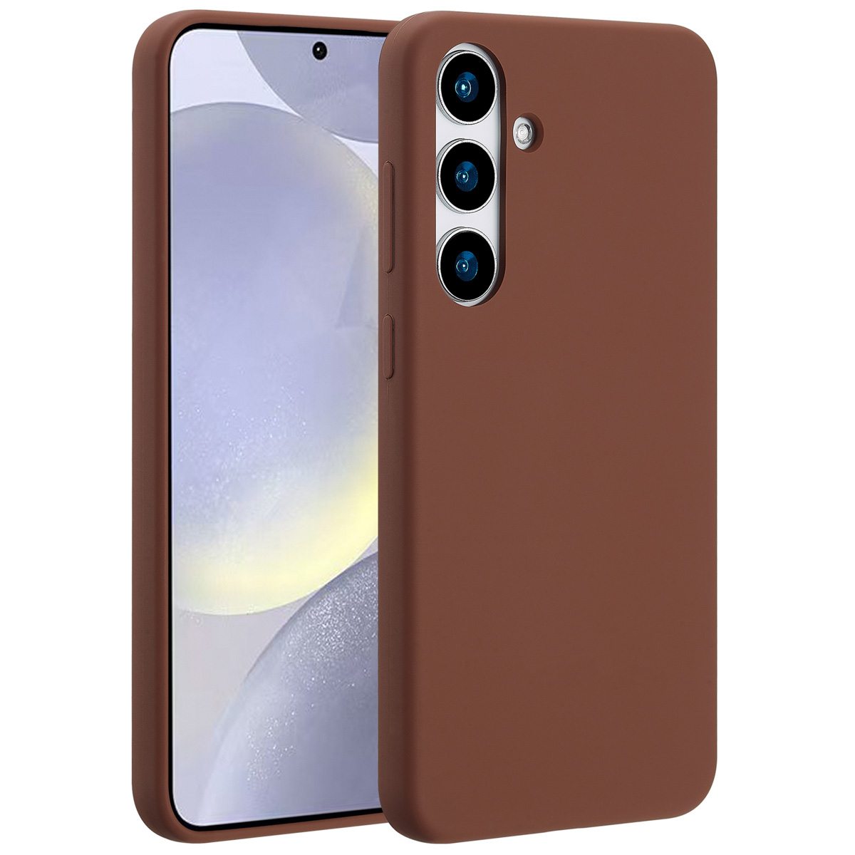 Une coque de téléphone marron et un téléphone. Le téléphone a un écran et trois caméras. La coque recouvre le téléphone.
