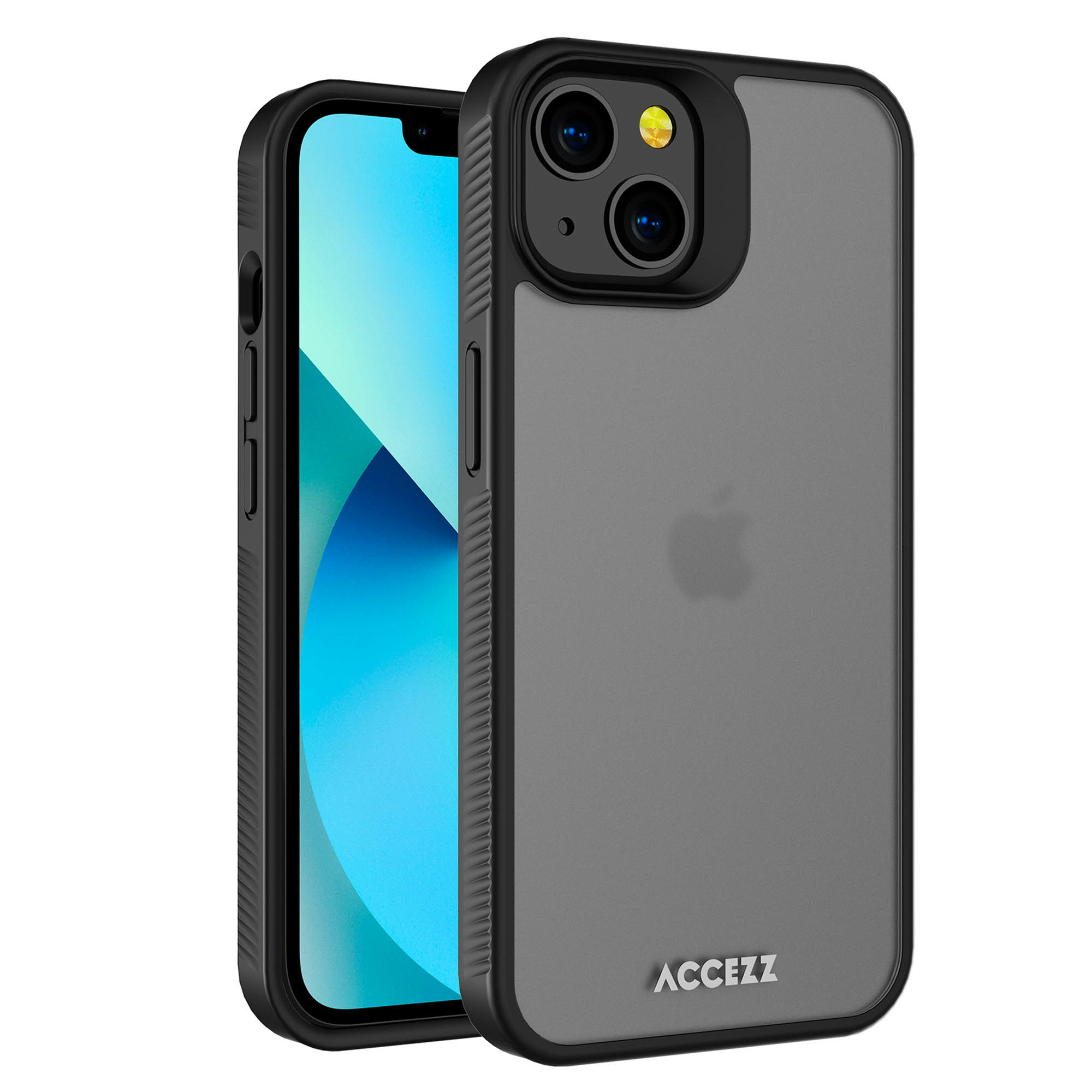 Un iPhone in una custodia grigia con bordi neri, il logo ACCEZZ è visibile. Il telefono è leggermente inclinato.