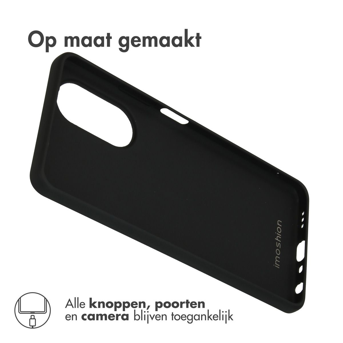 Una custodia nera per telefono con la scritta 'Op maat gemaakt'. Il testo in basso dice: 'Alle knoppen, poorten en camera blijven toegankelijk'.