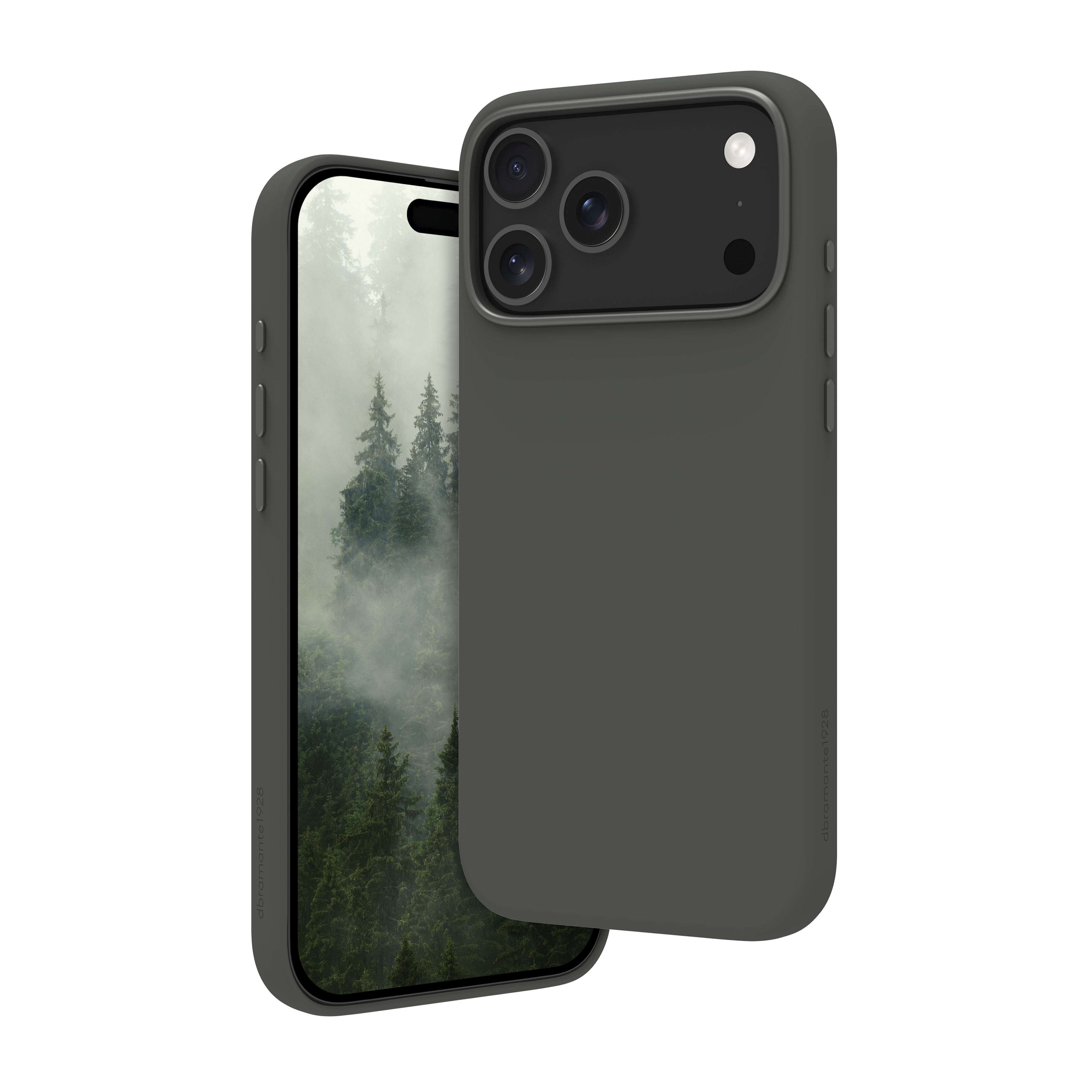 Una custodia grigio scuro copre parzialmente un telefono che mostra una scena di foresta. La custodia ha tre lenti.
