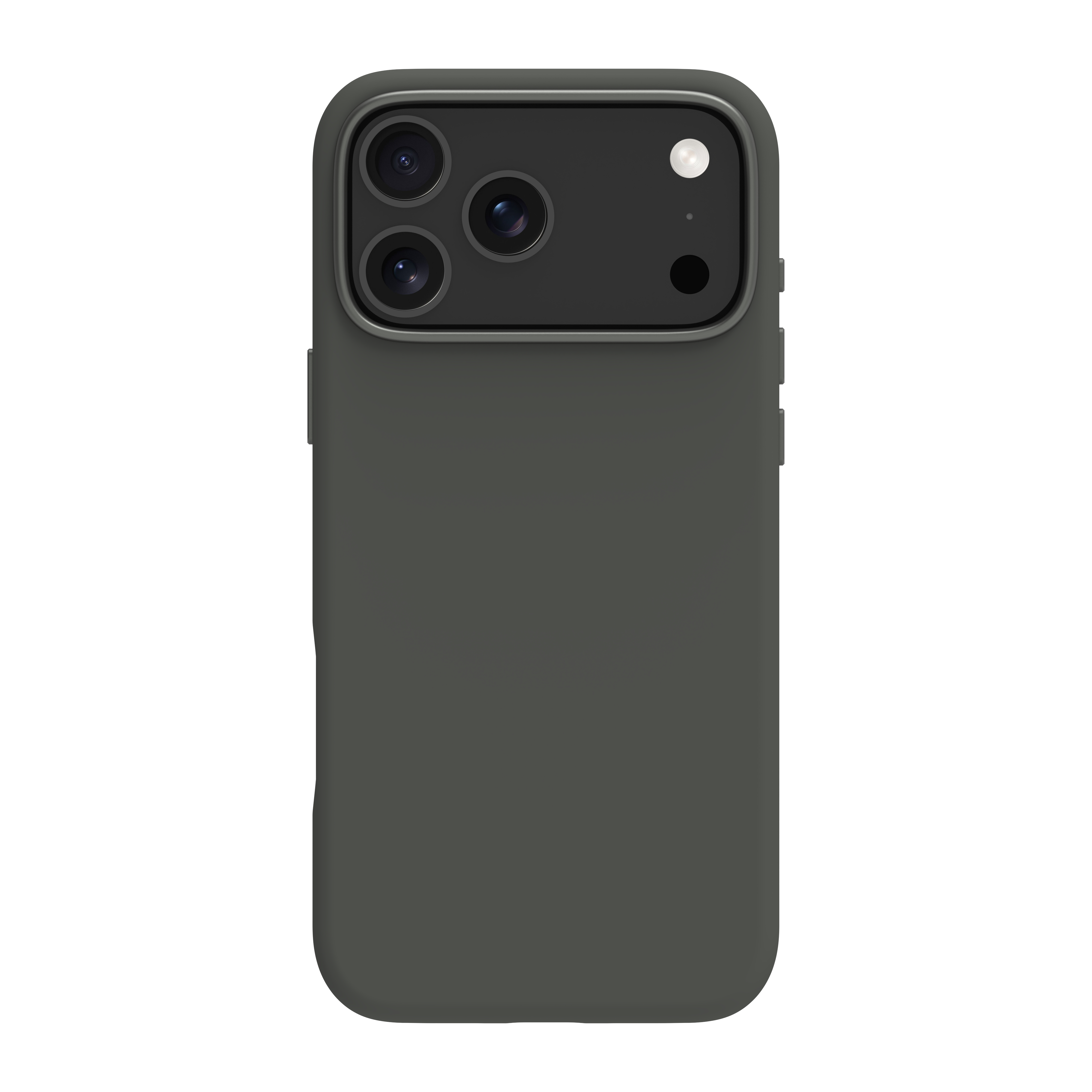 Custodia per telefono grigio scuro con gruppo fotocamere. Tre lenti e un flash sono visibili.