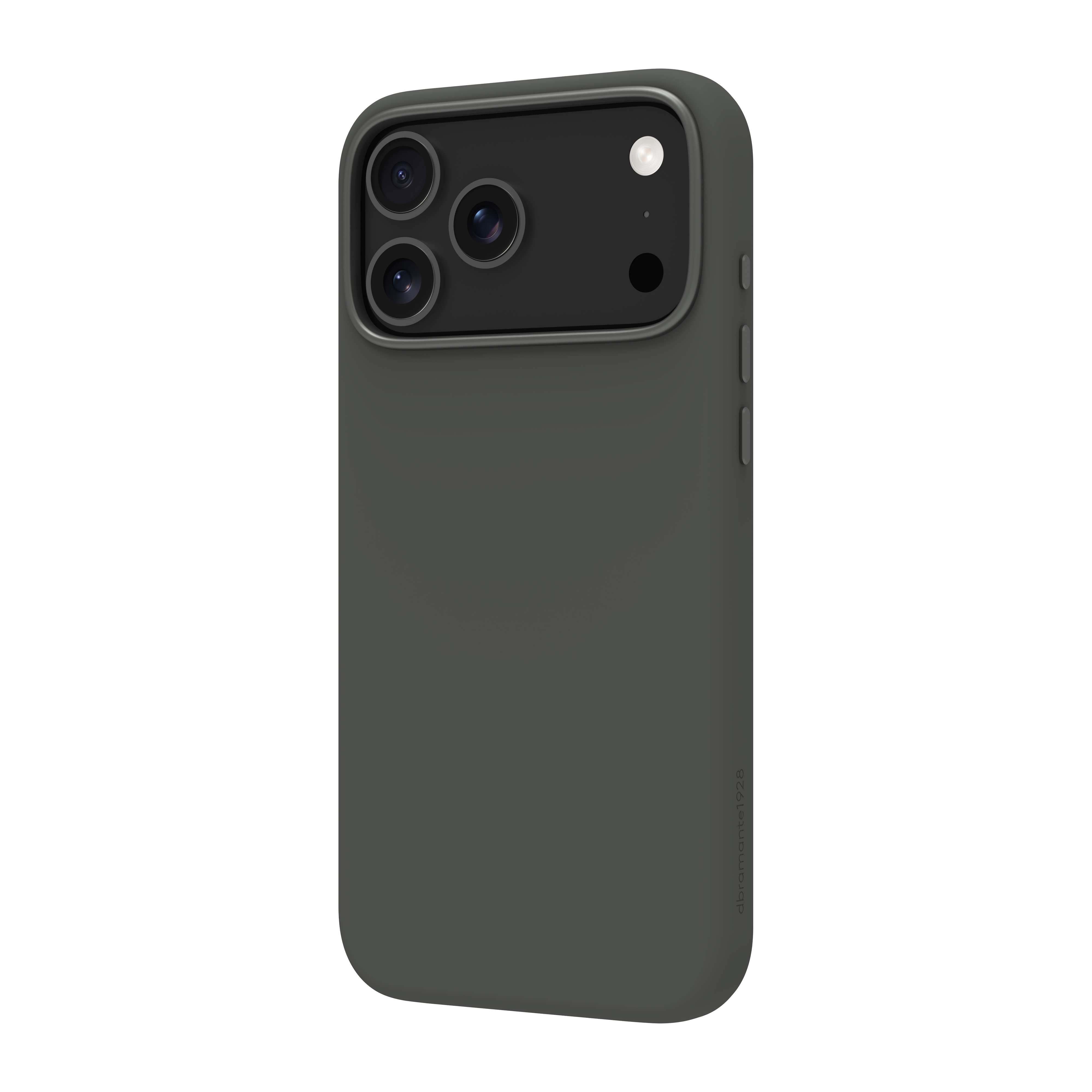 Una custodia per telefono verde scuro. Ha tre obiettivi e un flash. Il lato ha pulsanti e il nome del marchio.