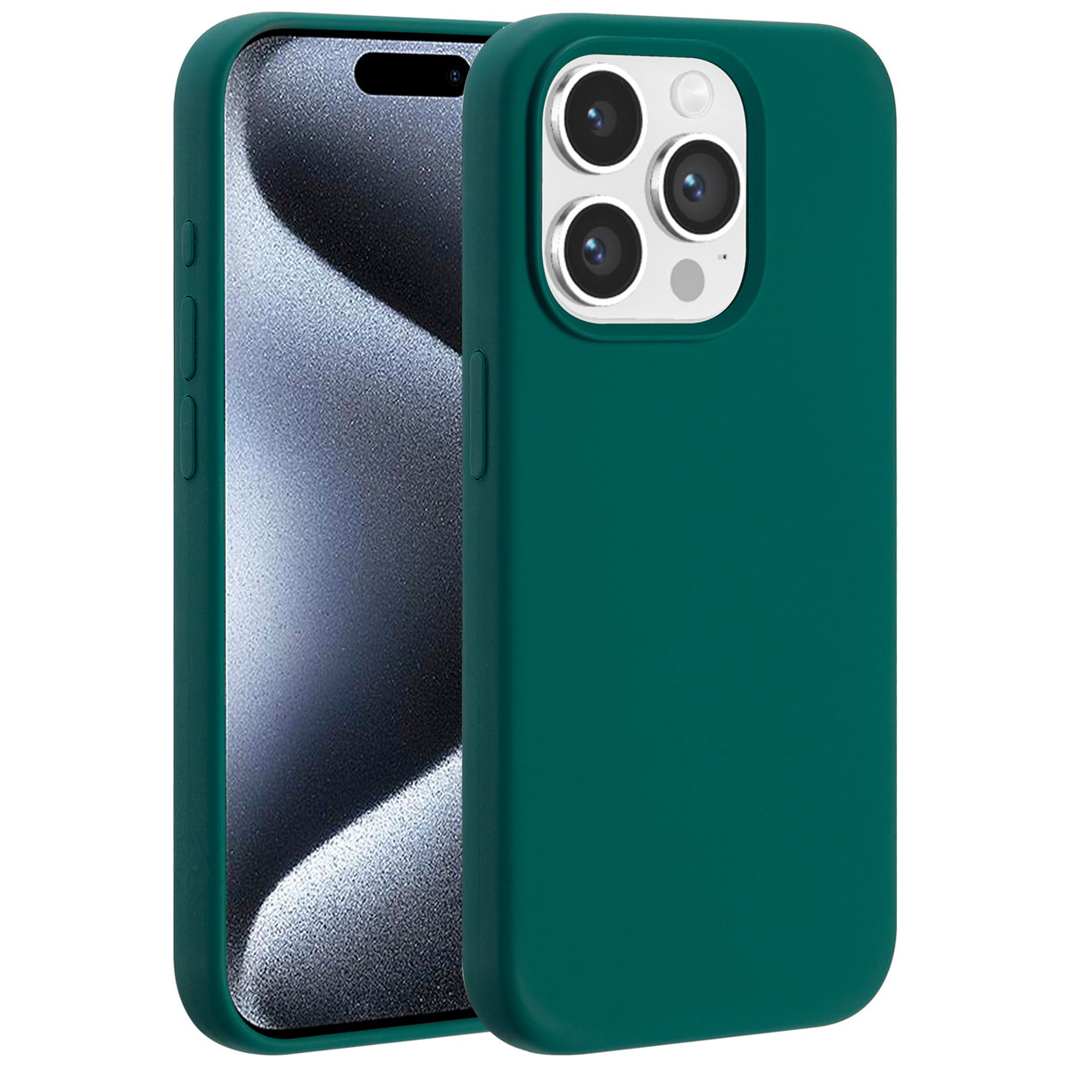 Eine grüne Handyhülle mit einem Telefon darin. Die Hülle hat einen Kameraausschnitt und Knöpfe. Der Bildschirm ist sichtbar.