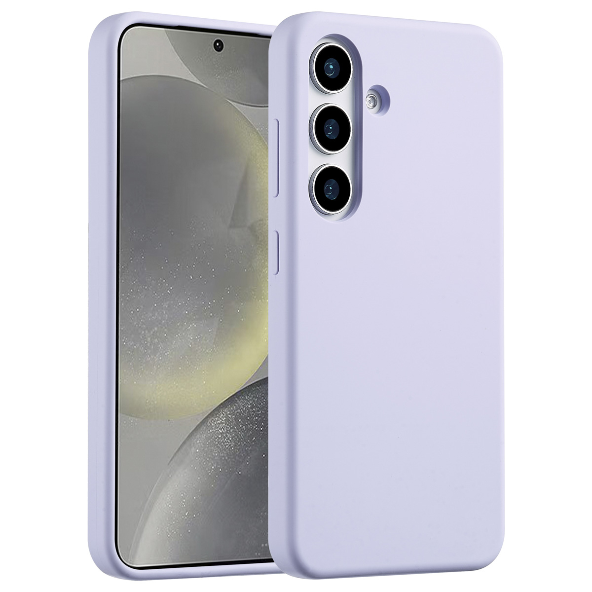 Twee lavendelkleurige telefoonhoesjes. Eén met een telefoon erin, de andere toont de camera's. Beide hebben een gladde, matte afwerking.