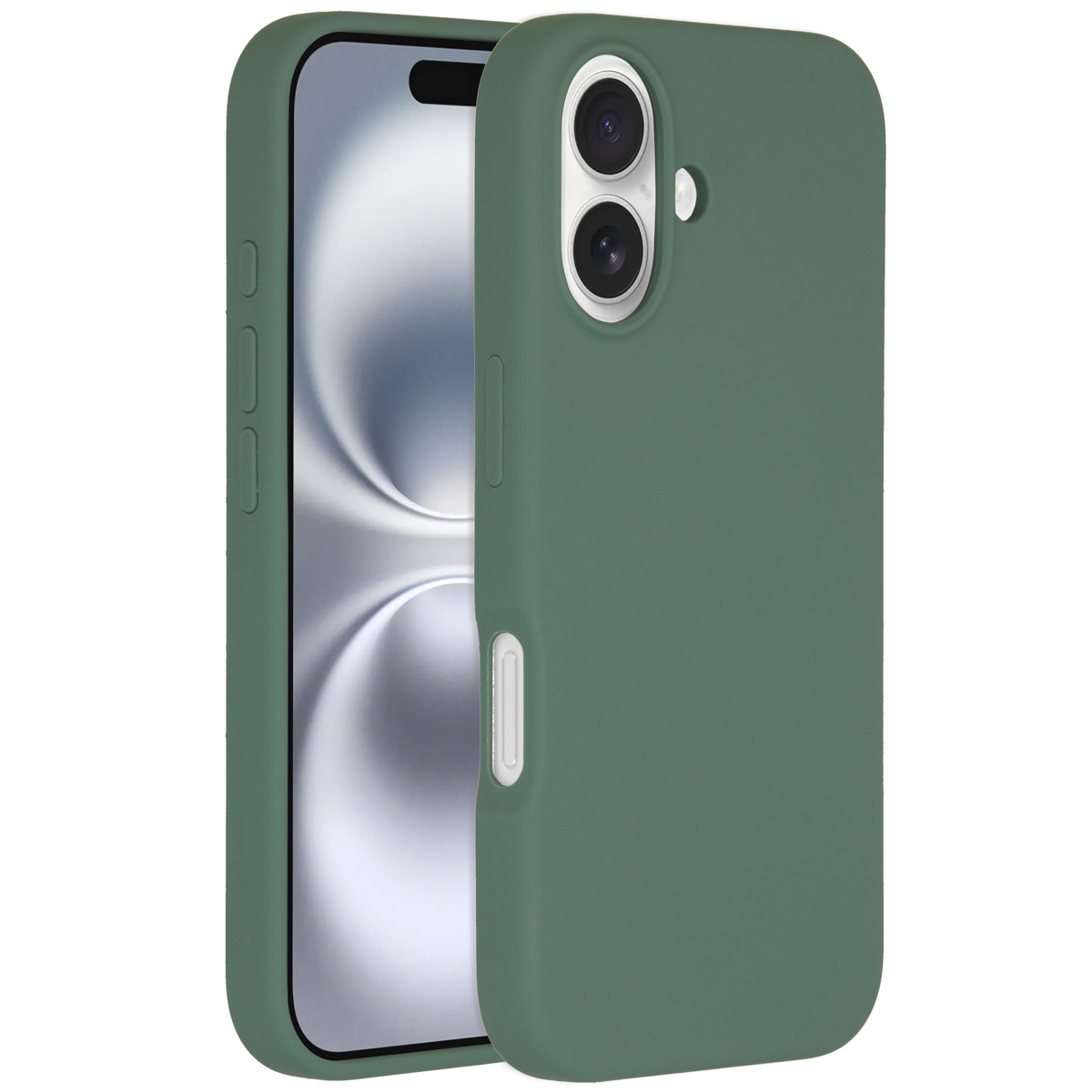 Coque de téléphone verte avec téléphone dedans. La coque a des boutons et des découpes pour l'appareil photo. Écran clair.