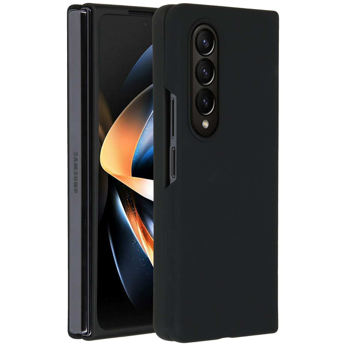 Un téléphone pliable Samsung noir dans un étui noir. Le téléphone est partiellement ouvert, affichant son écran.