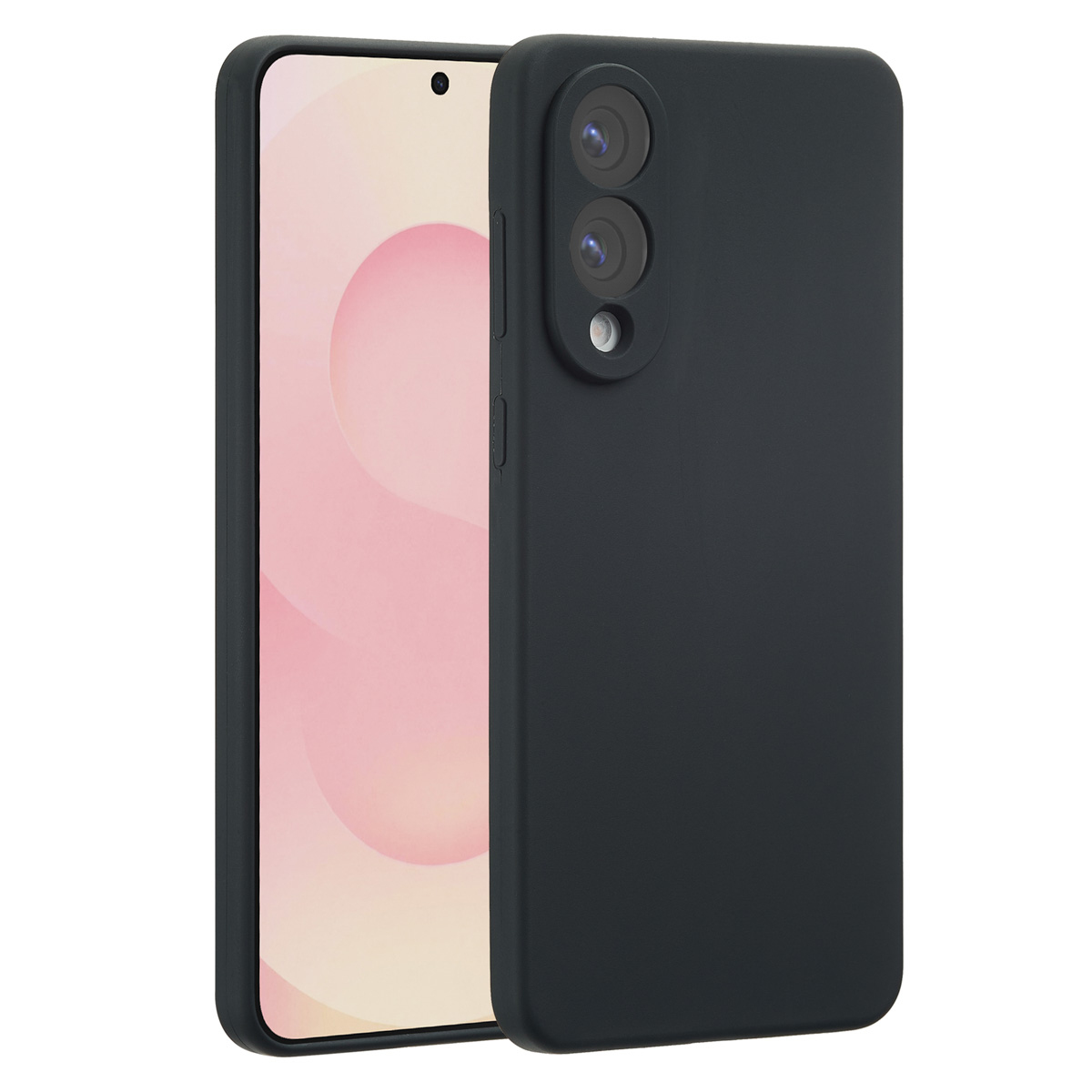Een zwarte telefoon met hoes wordt getoond. Het scherm toont een roze achtergrond. De hoes heeft camera-uitsparingen en knoppen.