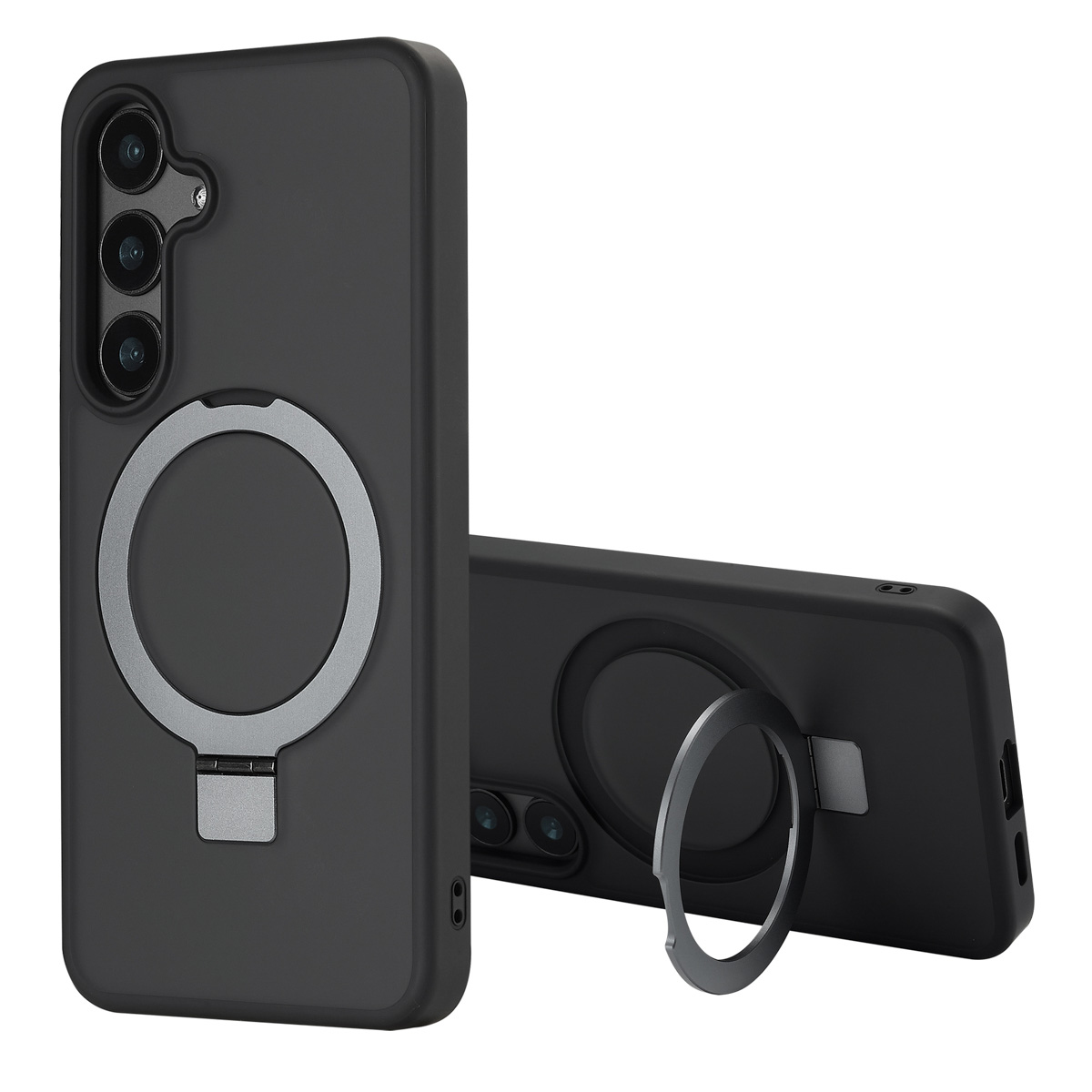 Twee zwarte telefoonhoesjes met zilveren ringhouders. Eén rechtop, de andere op zijn kant. Beide hebben camera's.