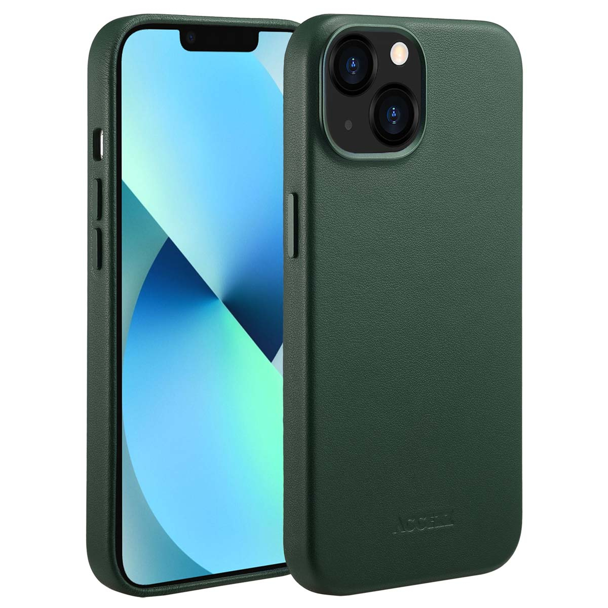 Une coque pour iPhone 13 en vert foncé. L'iPhone est montré à l'intérieur de la coque. La coque a une surface texturée avec le logo 'ACCELL'.