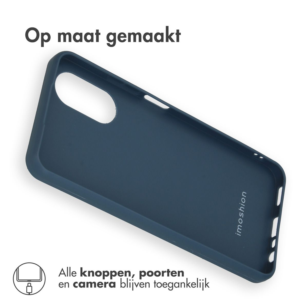 Donkerblauwe telefoonhoes op witte achtergrond. De tekst hierboven luidt 'Op maat gemaakt' en hieronder 'Alle knoppen, poorten en camera blijven toegankelijk'.