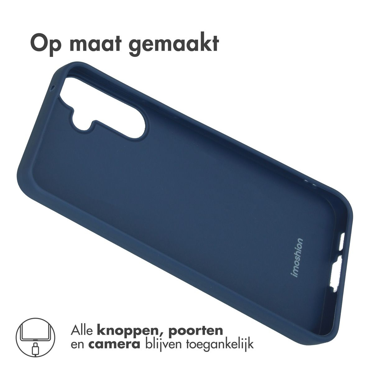 Coque de téléphone bleue avec texte. Montre que les boutons, ports et appareil photo du téléphone sont accessibles. Logo Imoshion visible.