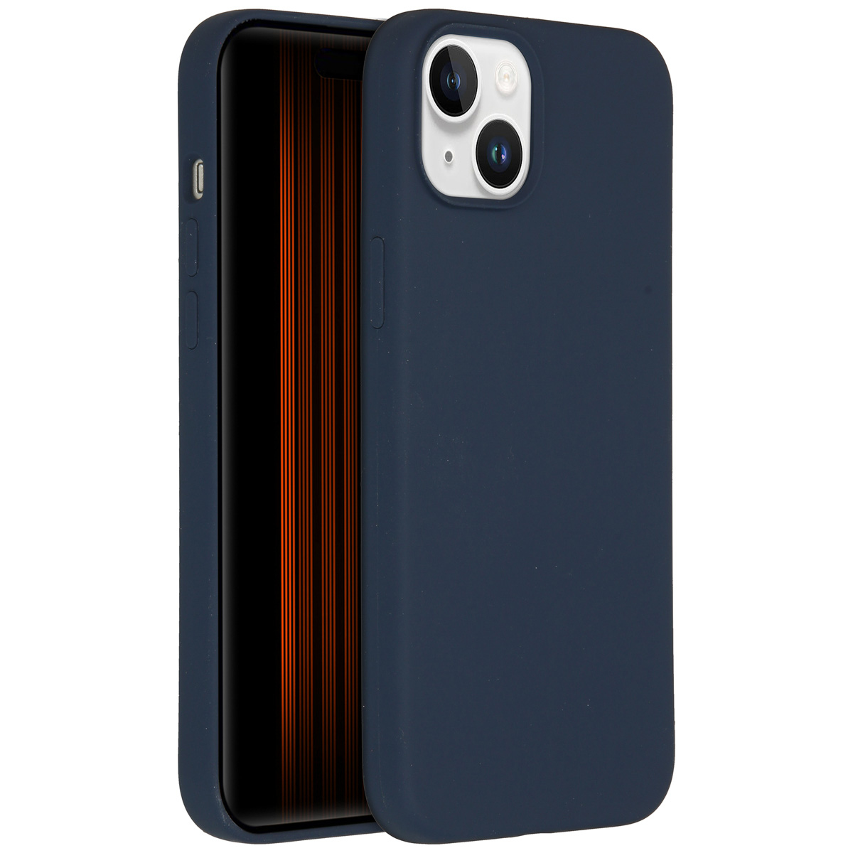 Une coque de téléphone bleu marine est montrée, avec un téléphone noir à l'intérieur. L'écran du téléphone affiche des lignes verticales oranges.