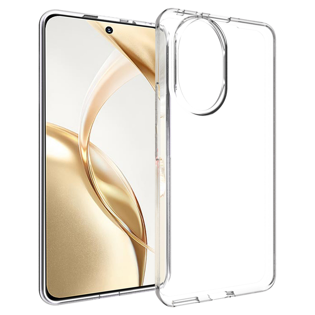 Un étui de téléphone transparent à côté d'un smartphone à écran dégradé doré.