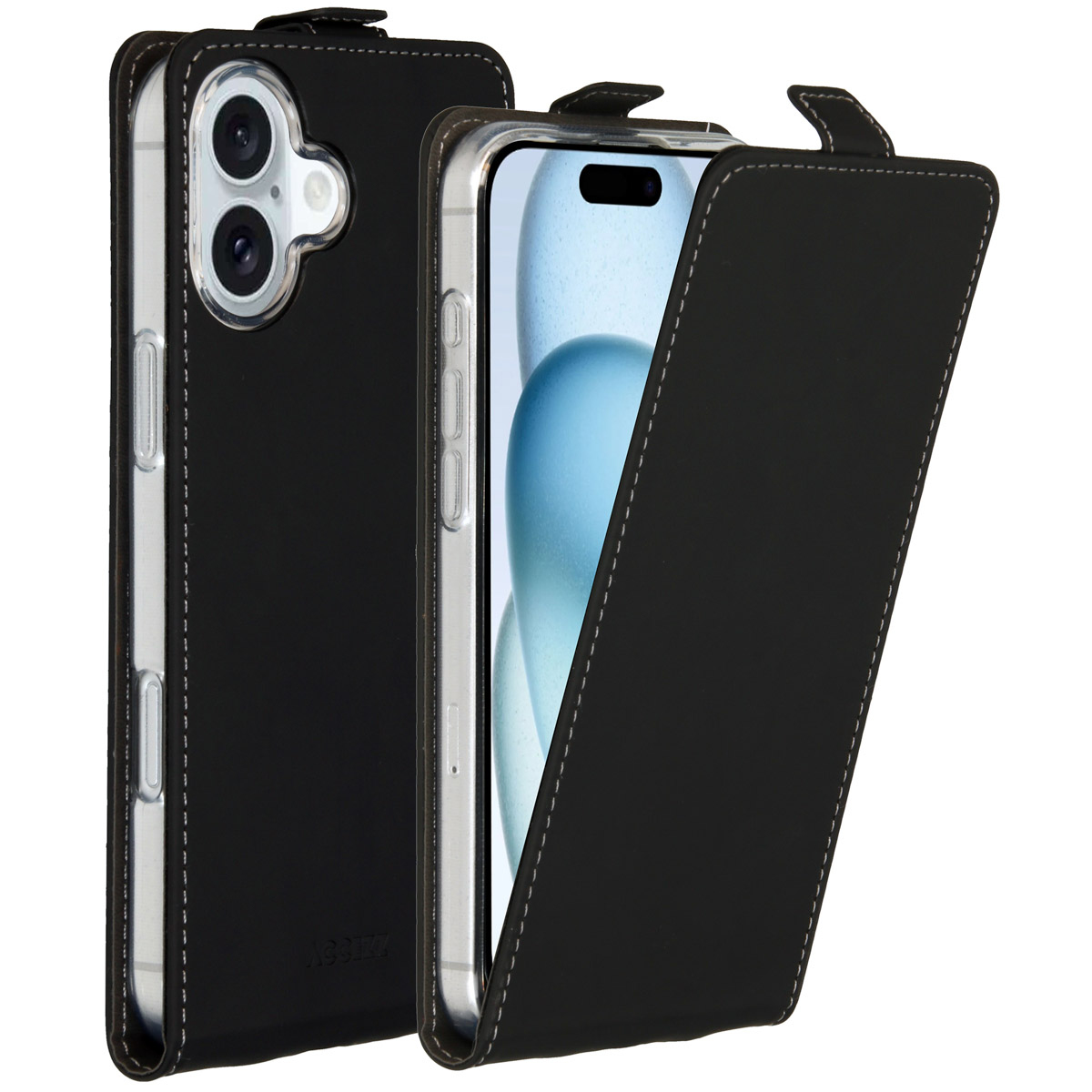 Custodia per telefono in pelle nera con cuciture bianche. Un lato aperto, che mostra lo schermo del telefono. Obiettivo trasparente.