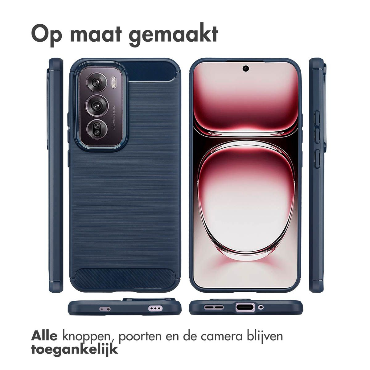Una custodia per telefono e un telefono sono in mostra. La custodia è blu scuro, con ritagli per la fotocamera e le porte. Lo schermo mostra un design rosa.